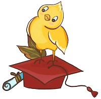 little duck sitting on a red mortarboard graduation cap by a rolled diploma