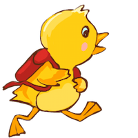 little duck running with a red backpack on
