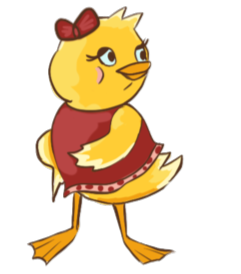 little feminine duck with a red bow on her head