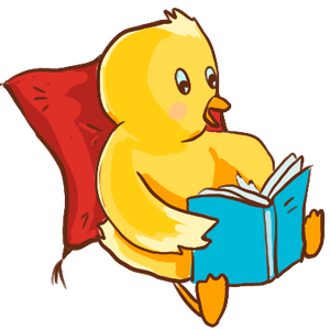little duck with a red pillow behind and a turquoise book held in front