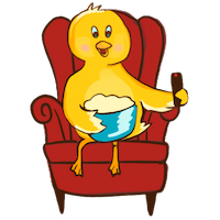duck in a red upholstered chair with remote controller in left wing and bowl of popcorn in the other