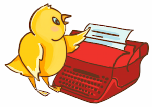 Cartoon duck at a red typewriter with paper inserted