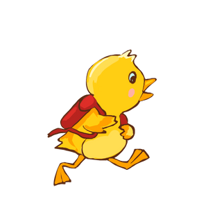 little duck running with a red backpack on