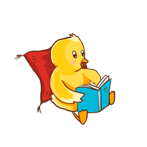 little duck with a red pillow behind and a turquoise book held in front