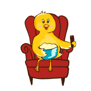 little duck in a red upholstered chair with remote controller in left wing and bowl of popcorn in the other